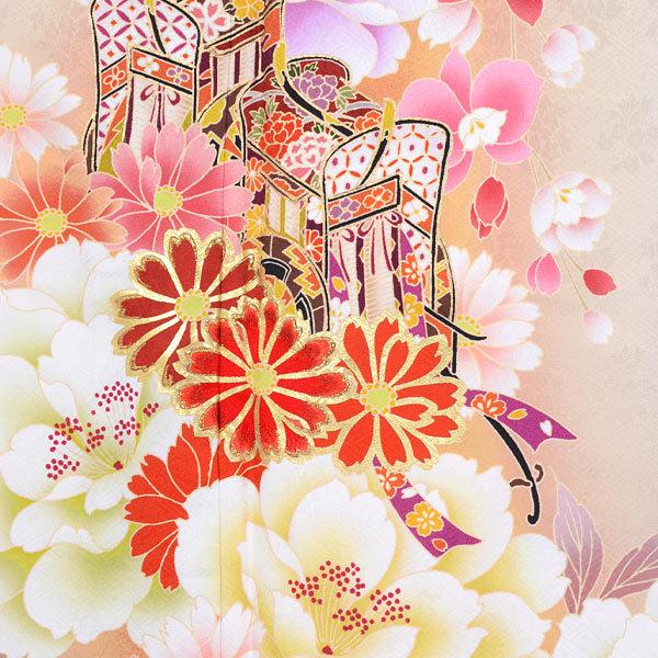 振袖レンタル 薄茶 花と御所車に雪輪文（絹） 成人式 結婚式 一点物