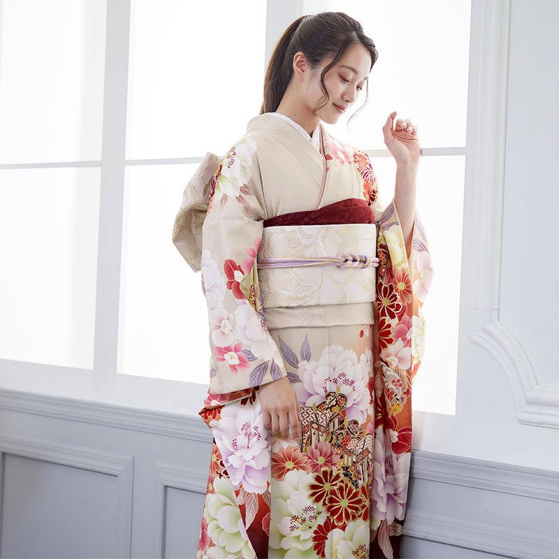 振袖レンタル 薄茶 花と御所車に雪輪文（絹） 成人式 結婚式 一点物