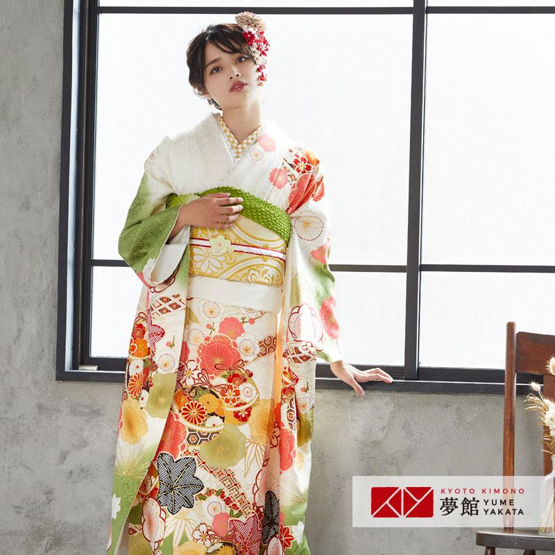 振袖レンタル 白×抹茶 毬と梅に楓(絹) 成人式 結婚式 一点物 対応身長