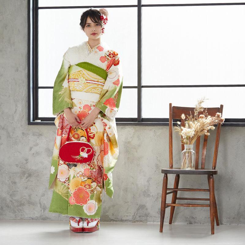 振袖 身長147-162cm 白×抹茶 正絹 振袖レンタル 白×抹茶 毬と梅に楓(絹) 成人式 結婚式 一点物 対応身長