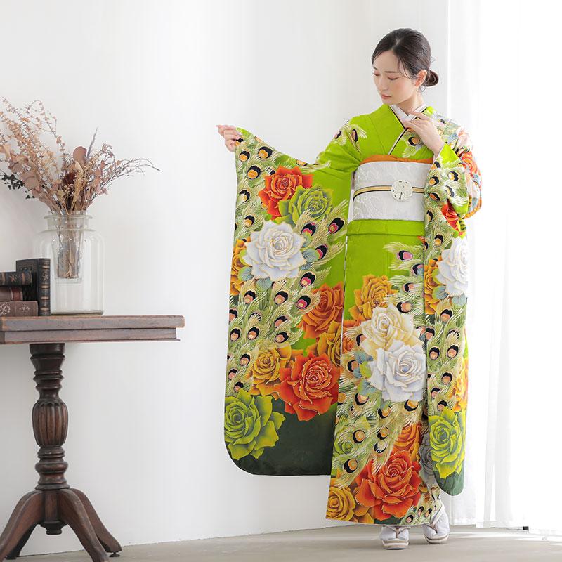 振袖レンタル ラコクラ 黄緑 バラと孔雀羽根(絹) 成人式 結婚式 対応 