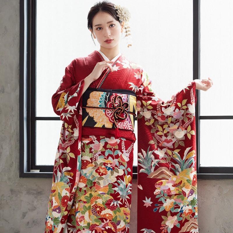 667正絹振袖 赤黒雲花模様158cm~ 667正絹振袖 赤黒雲花模様158cm~