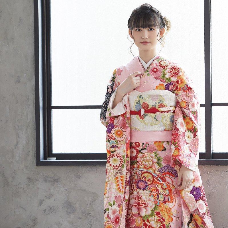 振袖レンタル ピンク 桧扇に花（絹） 成人式 結婚式 対応身長154
