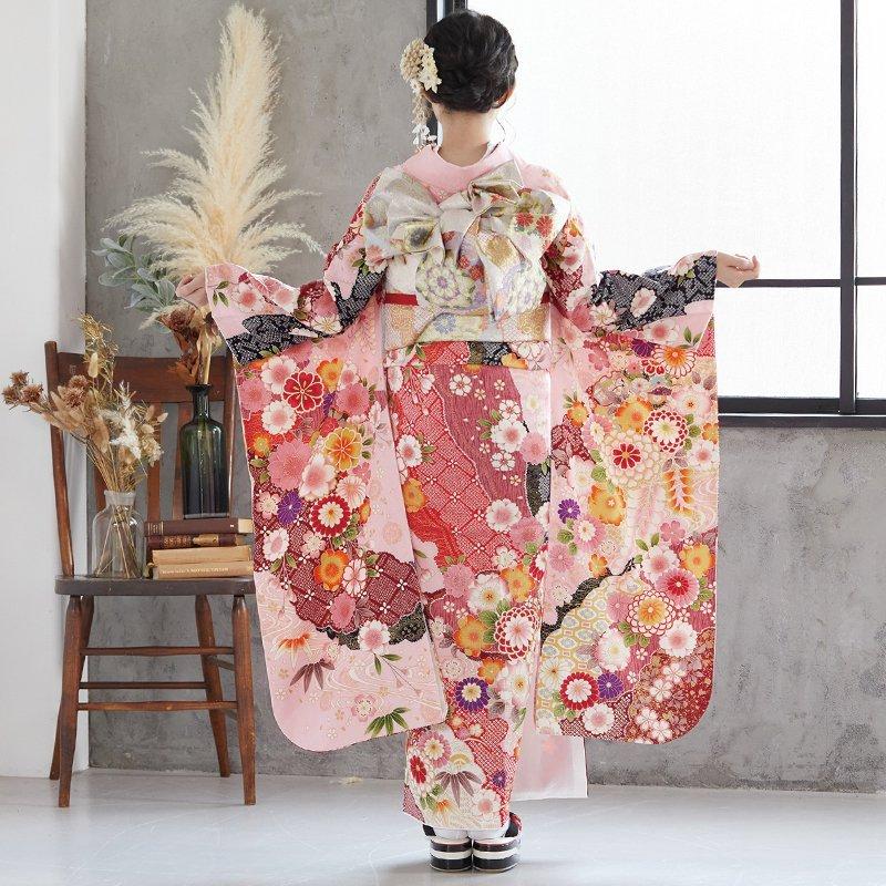 振袖レンタル ピンク 桧扇に花（絹） 成人式 結婚式 対応身長154