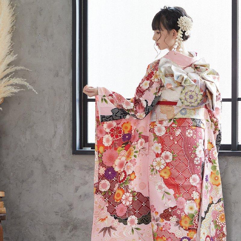 振袖レンタル ピンク 桧扇に花（絹） 成人式 結婚式 対応身長154