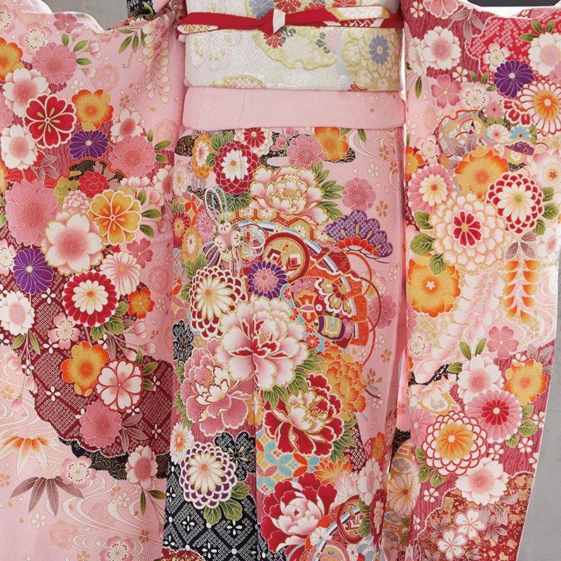 振袖レンタル ピンク 桧扇に花（絹） 成人式 結婚式 対応身長154