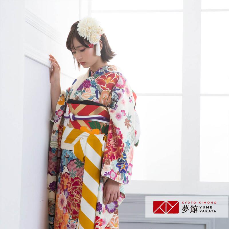 振袖レンタル クリーム色 雲波に牡丹(絹)(R1828) 成人式 結婚式 対応