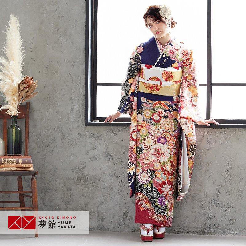 振袖レンタル  濃紺 桧扇に花と宝尽し 成人式 結婚式 対応身長154〜165cm 2〜11月利用 R1835