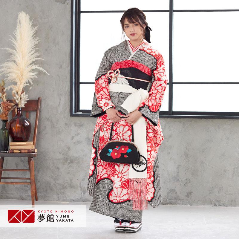 振袖レンタル  黒 総絞り 赤い菊 成人式 結婚式 モデル着用小物セット 対応身長154〜165cm 2〜11月利用 R1943