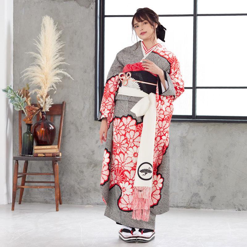 振袖レンタル  黒 総絞り 赤い菊 成人式 結婚式 モデル着用小物セット 対応身長154〜165cm 2〜11月利用 R1943の画像