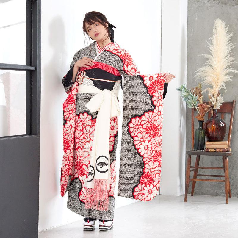 振袖レンタル  黒 総絞り 赤い菊 成人式 結婚式 モデル着用小物セット 対応身長154〜165cm 2〜11月利用 R1943の画像