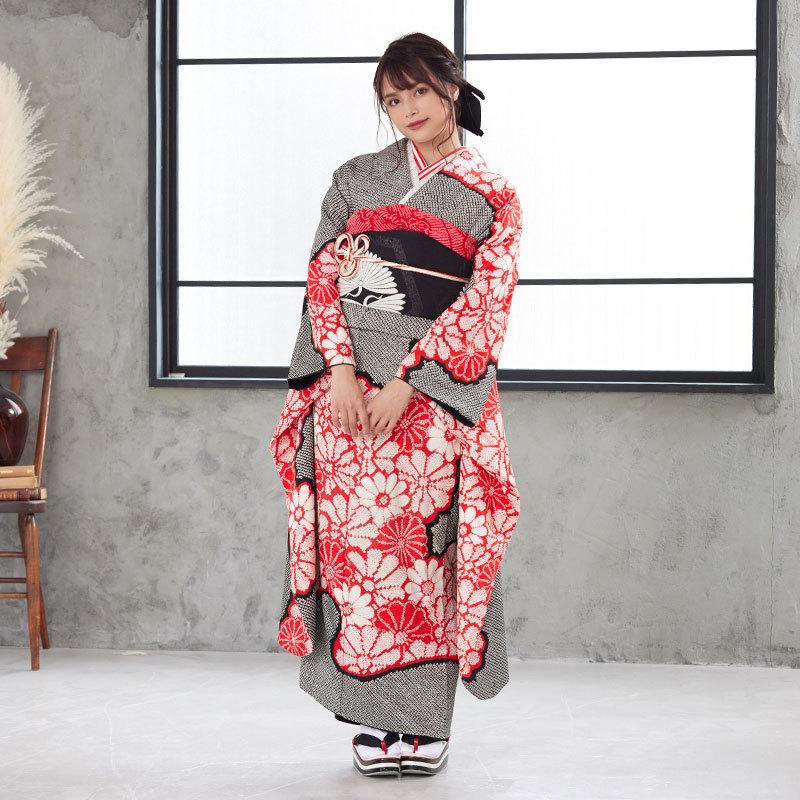 振袖レンタル  黒 総絞り 赤い菊 成人式 結婚式 モデル着用小物セット 対応身長154〜165cm 2〜11月利用 R1943の画像