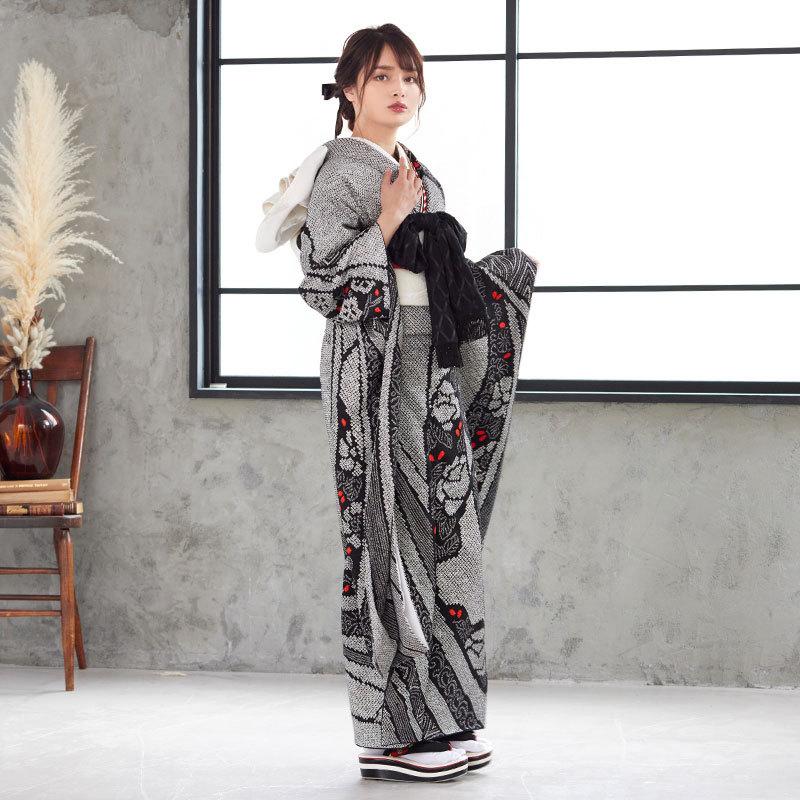 SALE 振袖レンタル 黒 総絞り 熨斗に草花と唐草亀甲 成人式 結婚 SALE 振袖レンタル 黒 総絞り 熨斗に草花と唐草亀甲 成人式 結婚