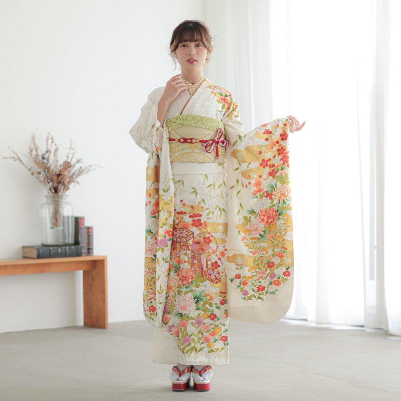 振袖レンタル  白 貝桶に枝垂桜と菊 成人式 結婚式 対応身長154〜165cm 2〜11月利用 R1975の画像