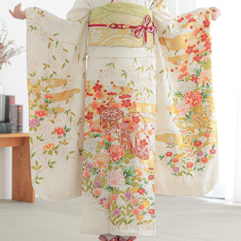 振袖レンタル  白 貝桶に枝垂桜と菊 成人式 結婚式 対応身長154〜165cm 2〜11月利用 R1975の画像
