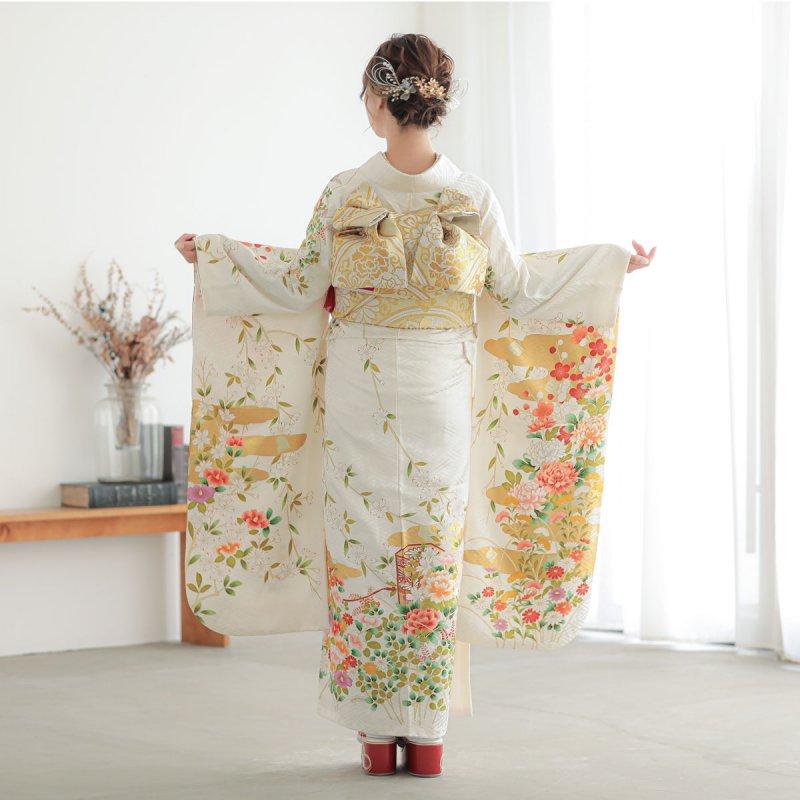 振袖レンタル  白 貝桶に枝垂桜と菊 成人式 結婚式 対応身長154〜165cm 2〜11月利用 R1975の画像