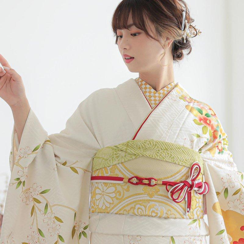 振袖レンタル  白 貝桶に枝垂桜と菊 成人式 結婚式 対応身長154〜165cm 2〜11月利用 R1975の画像