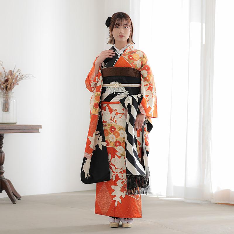 SALE 振袖レンタル オレンジ×黒 扇面に橘 成人式 結婚式 対応 SALE 振袖レンタル オレンジ×黒 扇面に橘 成人式 結婚式 対応