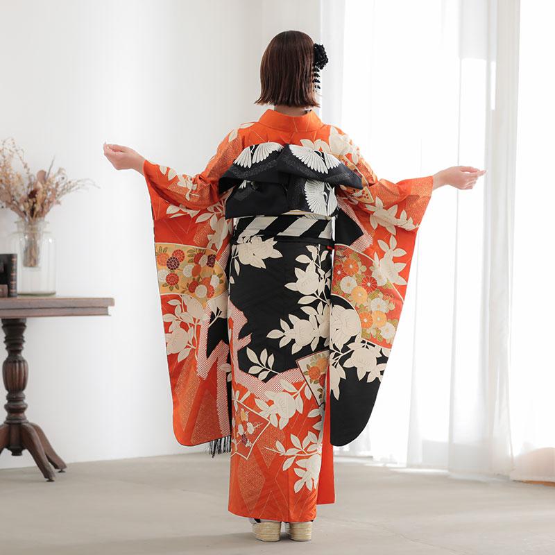 振袖レンタル  オレンジ×黒 扇面に橘 成人式 結婚式 対応身長154〜159cm 2〜11月利用 R2027の画像