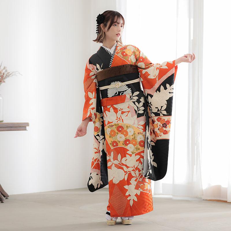 SALE 振袖レンタル オレンジ×黒 扇面に橘 成人式 結婚式 対応 SALE 振袖レンタル オレンジ×黒 扇面に橘 成人式 結婚式 対応
