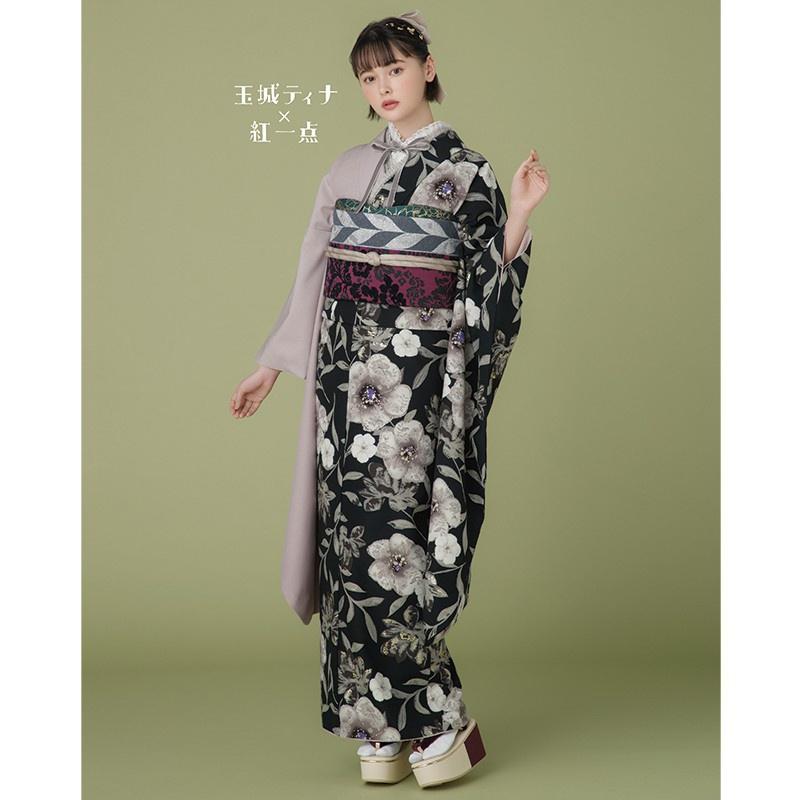 振袖レンタル 玉城ティナ×紅一点 黒×藤グレー 白花 成人式 結婚式