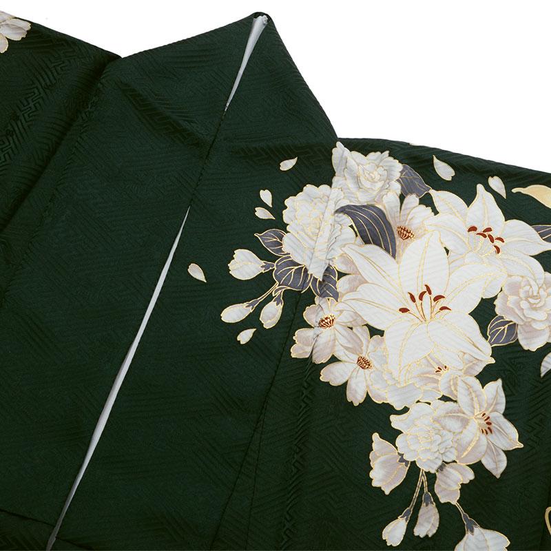 振袖レンタル 東京レトロ 深緑 百合に乱菊 成人式 結婚式 対応身長154〜