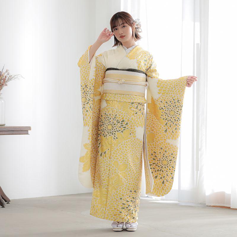 振袖レンタル 最高峰絞り染元「滝泰」薄黄 大輪むじな菊 成人式 結婚式
