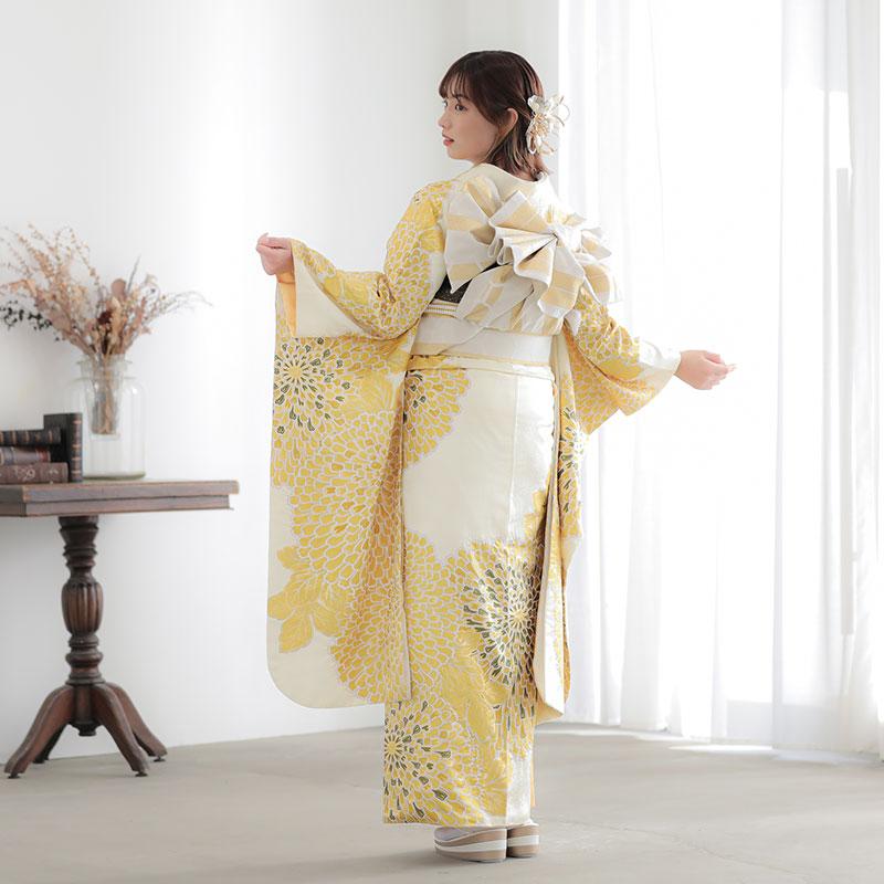 振袖レンタル 最高峰絞り染元「滝泰」薄黄 大輪むじな菊 成人式 結婚式 