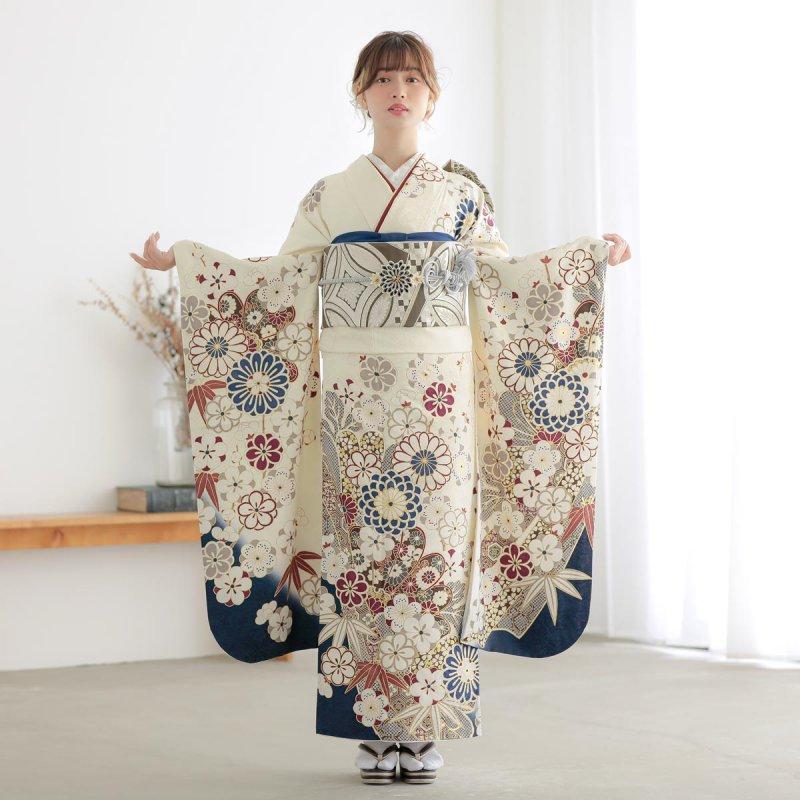 振袖レンタル オフホワイト 菊に竹梅 成人式 結婚式 対応身長154