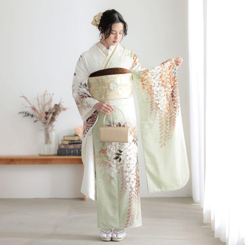 振袖レンタル モスグリーンx白 藤花 成人式 結婚式 対応身長154