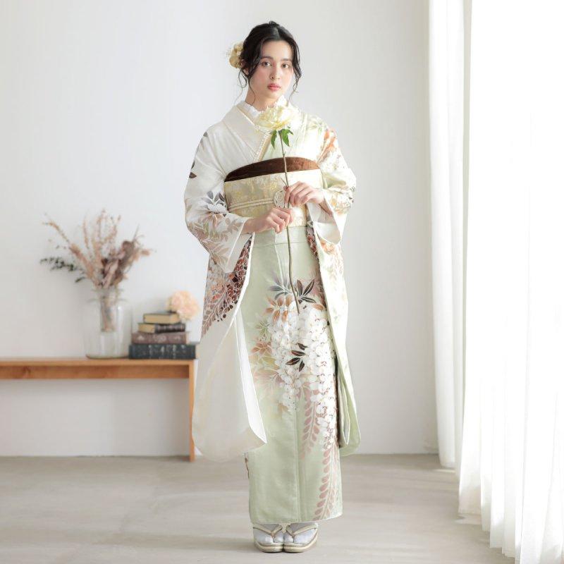 振袖レンタル モスグリーンx白 藤花 成人式 結婚式 対応身長154