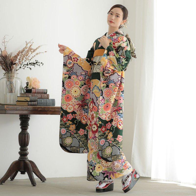 振袖レンタル  深緑 花車に道長取り 成人式 結婚式 対応身長154〜165cm 2〜11月利用 R2064の画像