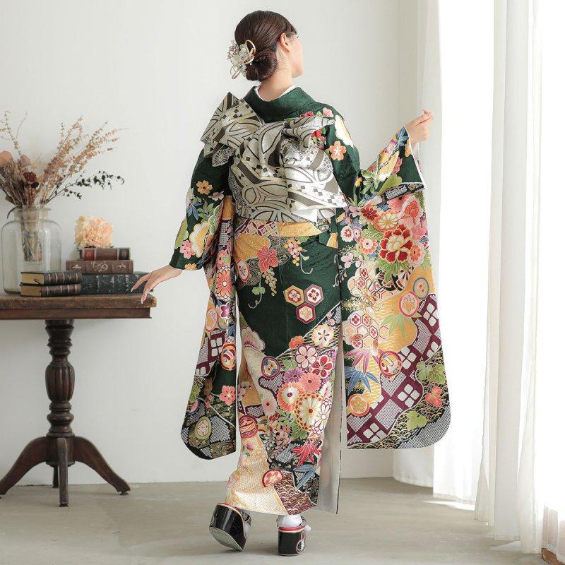 振袖レンタル  深緑 花車に道長取り 成人式 結婚式 対応身長154〜165cm 2〜11月利用 R2064の画像