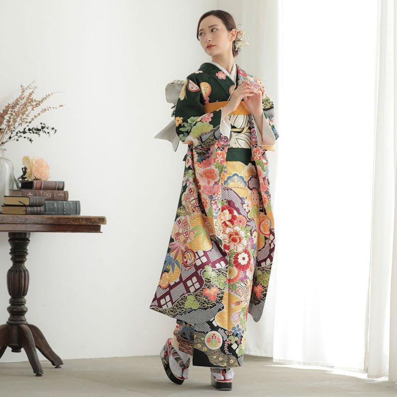 振袖レンタル  深緑 花車に道長取り 成人式 結婚式 対応身長154〜165cm 2〜11月利用 R2064の画像