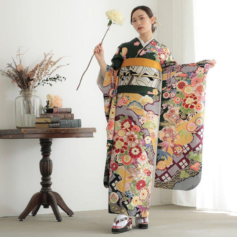 振袖レンタル  深緑 花車に道長取り 成人式 結婚式 対応身長154〜165cm 2〜11月利用 R2064の画像