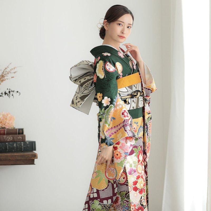 振袖レンタル  深緑 花車に道長取り 成人式 結婚式 対応身長154〜165cm 2〜11月利用 R2064の画像