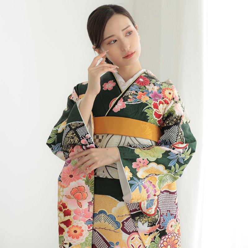 振袖レンタル  深緑 花車に道長取り 成人式 結婚式 対応身長154〜165cm 2〜11月利用 R2064の画像