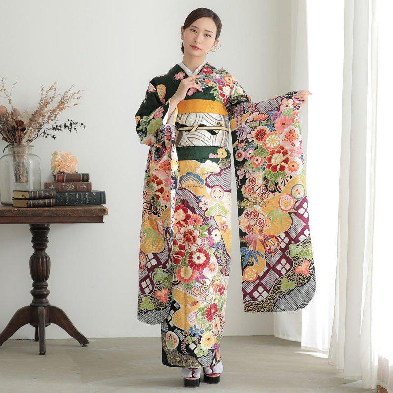 振袖レンタル  深緑 花車に道長取り 成人式 結婚式 対応身長154〜165cm 2〜11月利用 R2064の画像