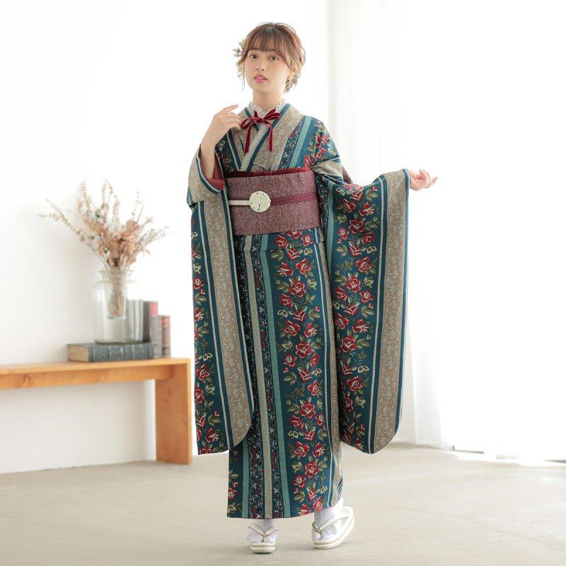振袖レンタル 和風館  ブルー ゴブラン織調薔薇 成人式 結婚式 対応身長154〜165cm 2〜11月利用 R2073の画像
