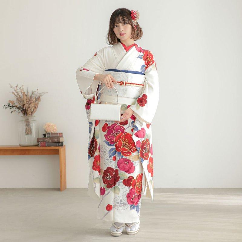 振袖レンタル 白 椿に七宝 成人式 結婚式 対応身長154〜165cm 2〜11月