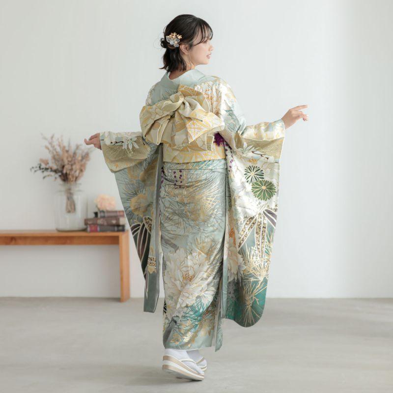 振袖レンタル モスグリーン 菊牡丹に松 成人式 結婚式 対応身長154