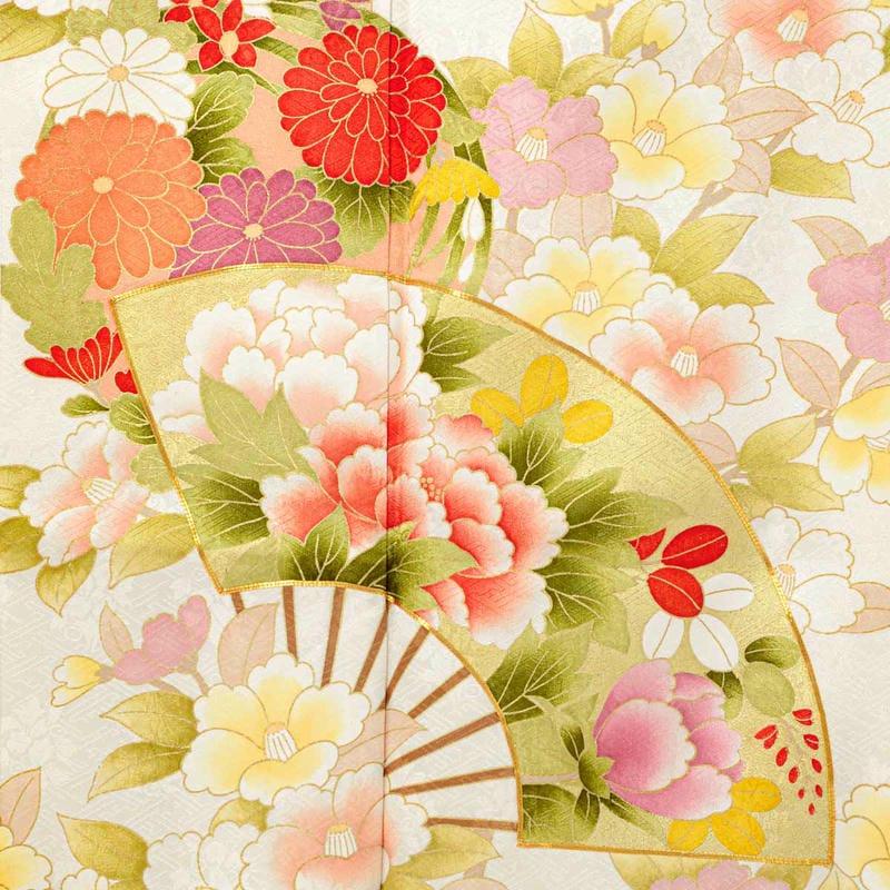 振袖レンタル  オフホワイト 扇面花丸文に椿 成人式 結婚式 対応身長146〜153cm 2〜11月利用 R2084の画像