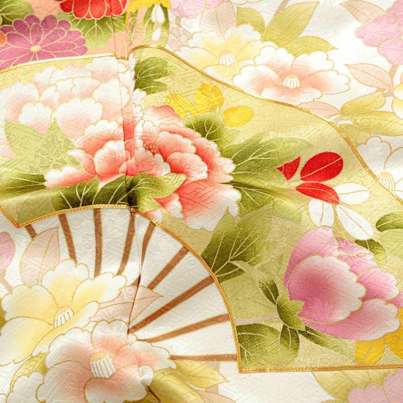 振袖レンタル  オフホワイト 扇面花丸文に椿 成人式 結婚式 対応身長146〜153cm 2〜11月利用 R2084の画像