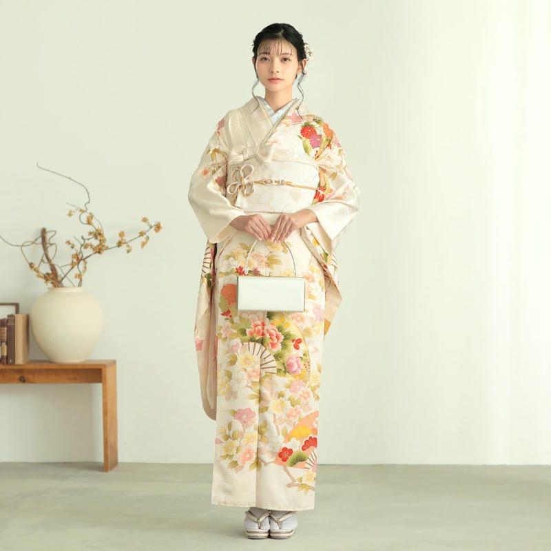 振袖レンタル  オフホワイト 扇面花丸文に椿 成人式 結婚式 対応身長146〜153cm 2〜11月利用 R2084の画像