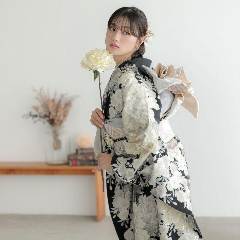 SALE 振袖レンタル 黒 牡丹に桜 成人式 結婚式 対応身長154 SALE 振袖レンタル 黒 牡丹に桜 成人式 結婚式 対応身長154