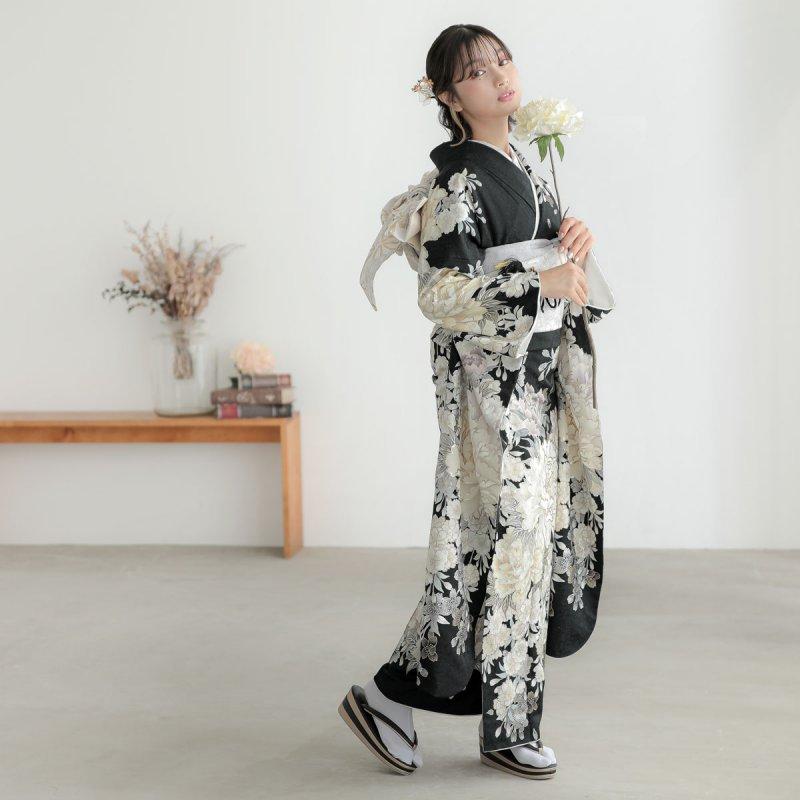 SALE 振袖レンタル 黒 牡丹に桜 成人式 結婚式 対応身長154 SALE 振袖レンタル 黒 牡丹に桜 成人式 結婚式 対応身長154