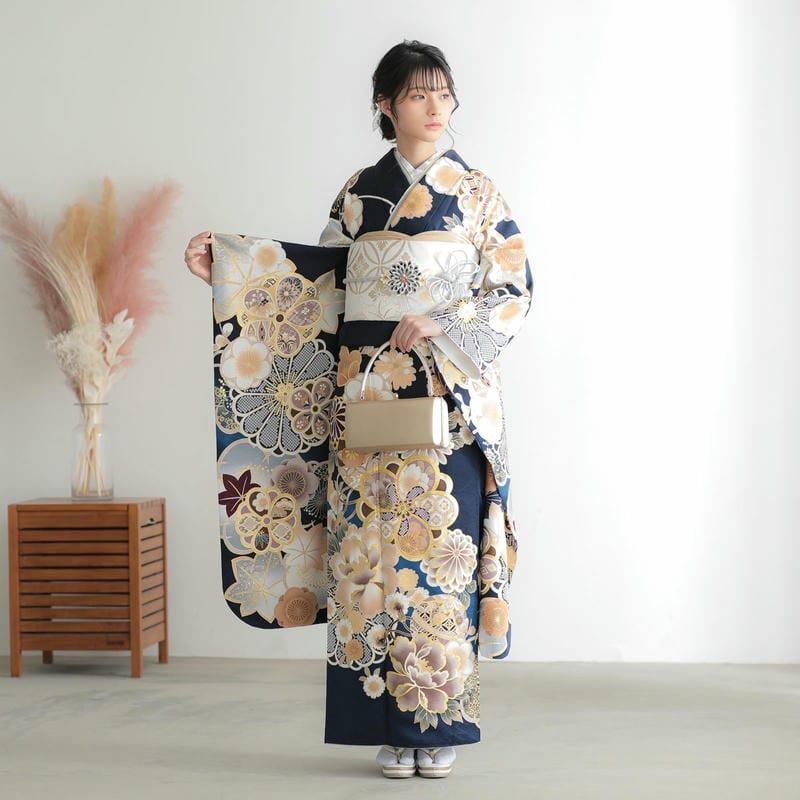 振袖レンタル 紺 梅と牡丹に鈴と手毬 成人式 結婚式 対応身長154