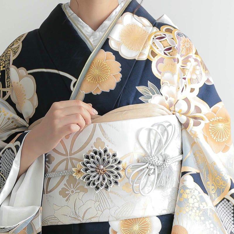振袖レンタル 紺 梅と牡丹に鈴と手毬 成人式 結婚式 対応身長154