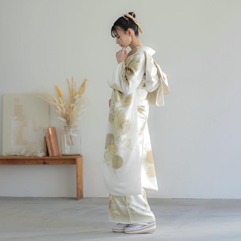 【振袖】 成人式 結婚式 鶴 花 未仕立て 振袖 22点セット「白金 鶴に松梅」仮絵羽 振り袖 正絹