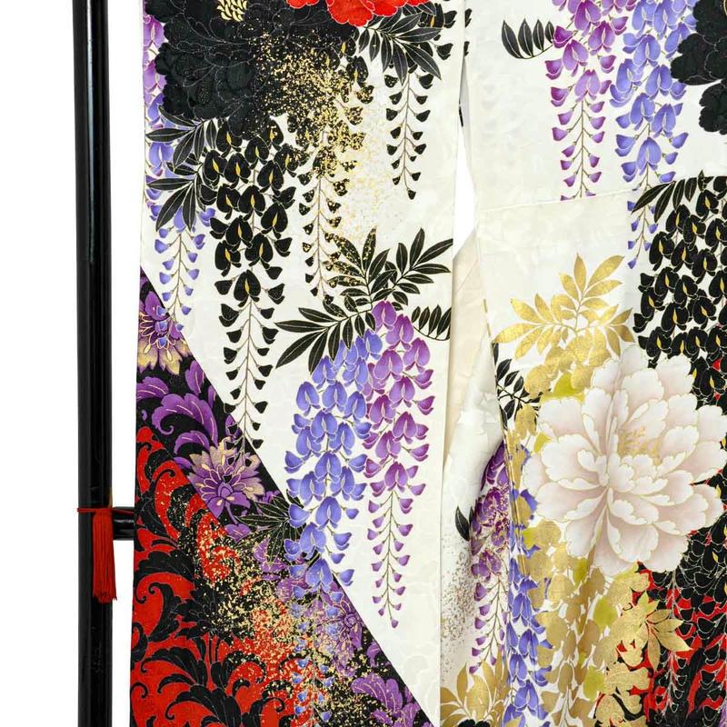 振袖レンタル ラコクラ  白ｘ黒 牡丹に藤 成人式 結婚式 対応身長154〜165cm 2〜11月利用 R2136の画像